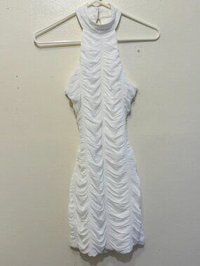 STEPS NEW YORK WHITE RUCHED HIGH NECK HALTER BODYCON MINI DRESS WOMENS SMALL
